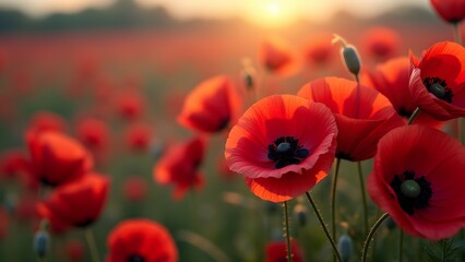 Naklejka premium A field of red poppies at sunset, with a focus on the vibrant flowers in the foreground, symbolizing remembrance and peace