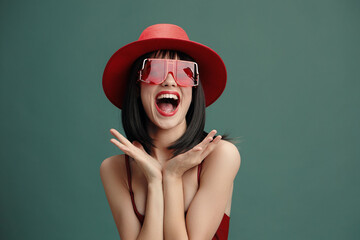 Woman, red hat, sunglasses, funny face, hands on hips, mouth open a woman in a red hat and sunglasses strikes a humorous pose with her hands on her hips and her mouth wide open, expressing surprise or