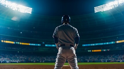 Lone Athlete Standing in Illuminated Sports Arena with Spectators