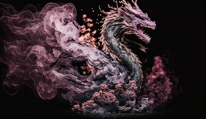 A stunning black and pink dragon sculpture intertwined with delicate cherry blossoms in an artistic display