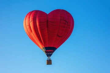 Red hot air balloon shaped like a heart flying in the blue sky