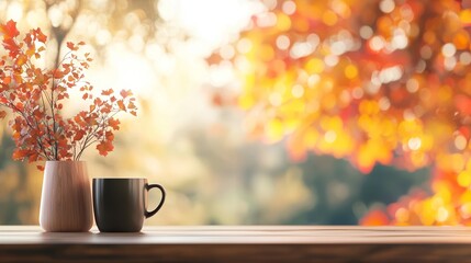 A warm, cozy autumn scene featuring a cup and a vase with flowers against a backdrop of vibrant fall foliage.