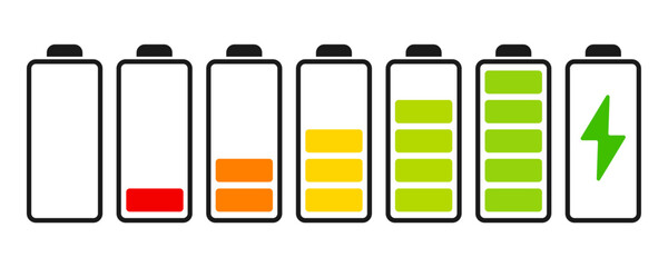 Battery charge color flat icons. Battery charging, charge indicator. Vector battery power icon powerfully charged.