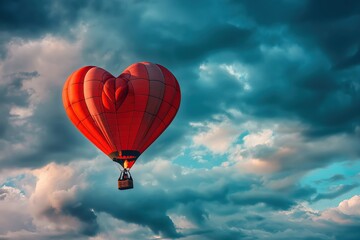 Fototapeta premium Red hot air balloon shaped like a heart is flying in cloudy sky