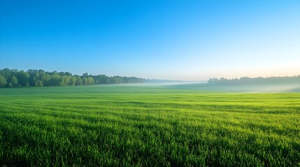Fototapeta premium Tranquil Early Morning Meadow with Hazy Blue Sky and Lush Green Grass