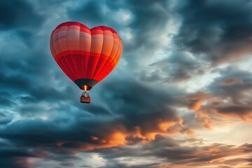 Fototapeta premium Heart shaped hot air balloon flying in cloudy sunset sky