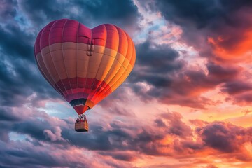 Fototapeta premium Heart shaped hot air balloon flying in cloudy sunset sky