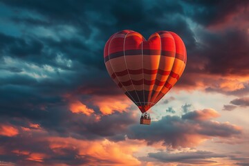 Obraz premium Heart shaped hot air balloon flying in dramatic sunset sky