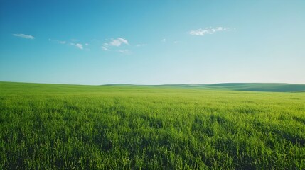 Fototapeta premium Early Morning Peaceful Scenic Pastoral Landscape with Green Grass and Blue Sky