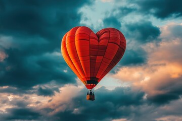 Fototapeta premium Red heart-shaped hot air balloon flying in cloudy sky