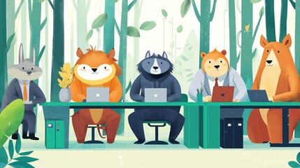 Fototapeta premium An illustration of a business team as animals, working together in a forest-themed office