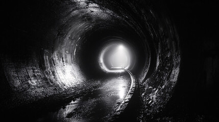 A moody black-and-white image of a wet, dark tunnel with tracks leading to a distant, glowing light, symbolizing hope and the journey through adversity.