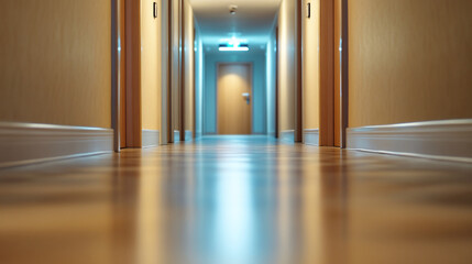 A warm, softly lit hallway with wooden doors and polished floors, leading to a distant exit, creating a serene and welcoming atmosphere.