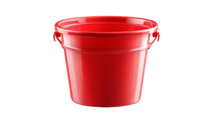 A bright red plastic bucket, perfect for various uses such as cleaning, gardening, and storage. Durable and versatile.