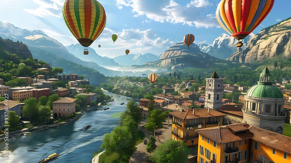 Canvas Prints A picturesque landscape featuring colorful hot air balloons over a serene river and charming village.