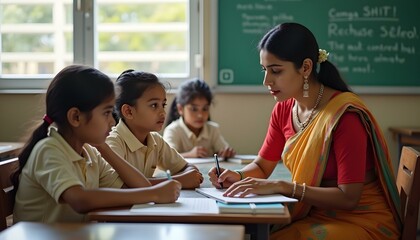 Asian children and Female teacher in classroom at elementary school. Examination, Learning and Education.