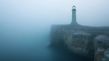 A lighthouse rises from a fog-covered cliff, its light piercing through the mist, providing guidance in a desolate landscape.