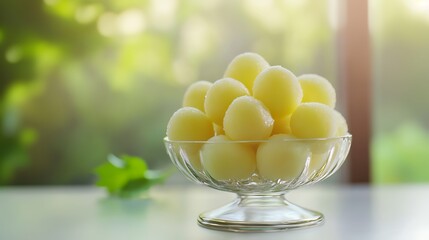 Honeydew melon balls in a clear glass dish, with a soft focus background.