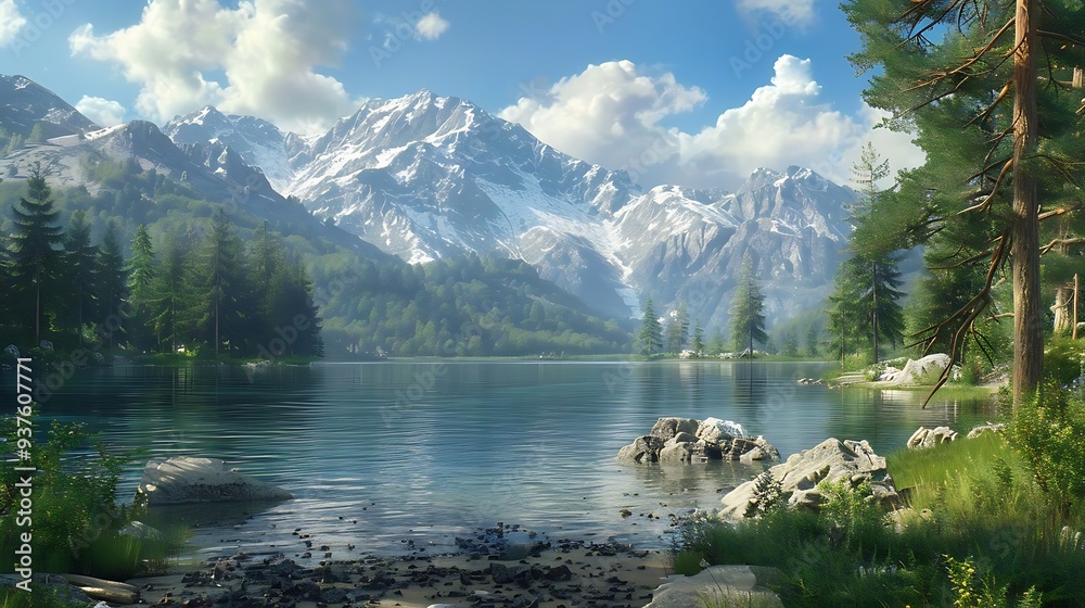 Poster A serene landscape featuring mountains, a calm lake, and lush greenery under a clear blue sky.