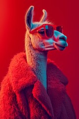 Stylish Llama Wearing Sunglasses and Red Jacket on Crimson Background