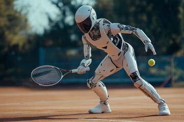 A robotic tennis player in a white suit and helmet, holding a tennis racket, with a yellow tennis ball in the air on a clay court.