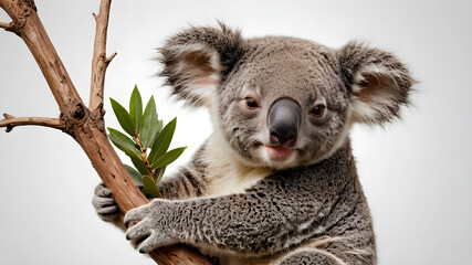 Naklejka premium sleepy koala hugging a branch, isolated on white background