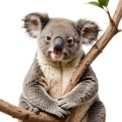Obraz premium sleepy koala hugging a branch, isolated on white background