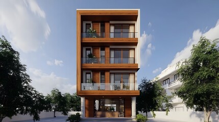Obraz premium Sleek and Modern Apartment Building with Wooden Accents and Balconies in Urban Setting