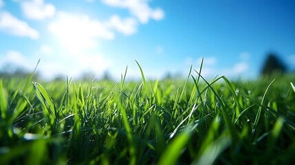 Fototapeta premium Close up View of Lush Green Grass with Clear Blue Sky and Clouds in the Background