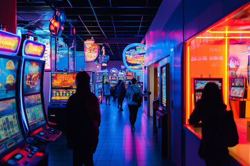 Naklejka premium Vibrant arcade scene with neon lights and people playing games.