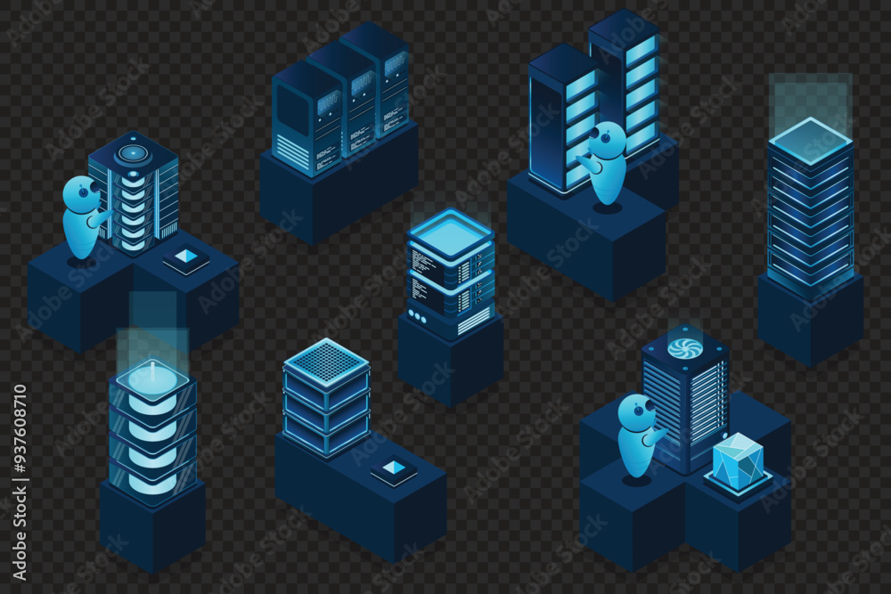 Poster 3d isometric concept big data center with server. cloud computing. network mainframe infrastructure.