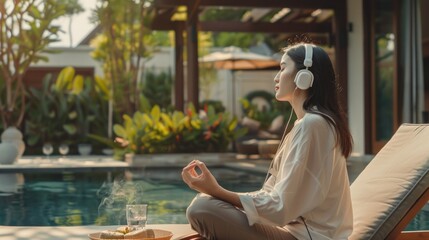 A tranquil moment unfolds as an elegant Asian woman sits by the pool, headphones on, immersed in meditation. Surrounded by lush greenery, she embodies calmness and serenity