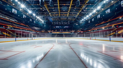 Empty Hockey Stadium: Professional hockey stadium and an empty ice rink with lights.