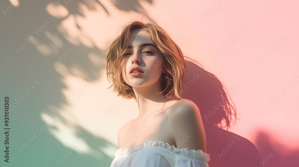 Sticker Woman in White Sleeveless Top: A woman in a white sleeveless top, posing against a pastel-colored wall with soft shadows.
