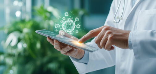 Doctor Using Digital Tablet with Holographic Virus Projection in Modern Medical Facility