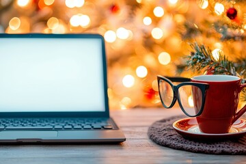 Cozy workspace setup with a laptop, glasses, and a cup, perfect for holiday productivity by the glowing Christmas tree.