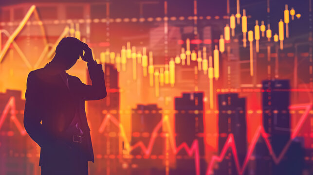 Business Downturn: Unhappy businessman reflecting on company stock decline and economic 