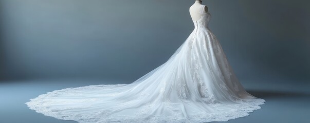 A white wedding dress with lace, a train, and an embroidered floral pattern on the bodice, displayed in front of an empty gray background.