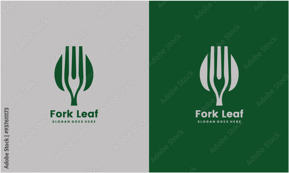 Wall mural healthy food logo design with spoon and leaf elements. premium vector on eps10 file