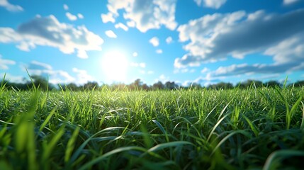 Fototapeta premium Serene Morning in Verdant Meadow with Radiant Sky and Lush Greenery