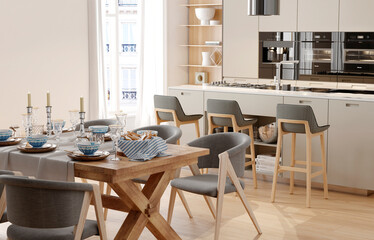 Modern house interior kitchen with dining room design. 3D Render