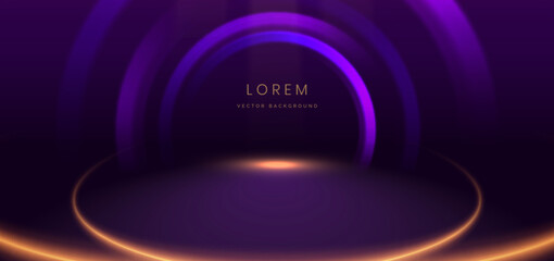 Glowing neon gold circular lines on dark purple background with lighting effect and sparkle with copy space for text.
