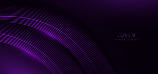 Abstract futuristic curved glowing purple light lines on black background.