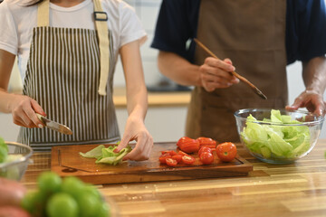 Cropped shot of young couple cutting fresh vegetables, preparing healthy vegan salad in kitchen