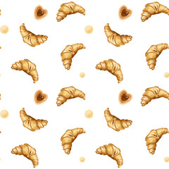 Seamless pattern of watercolor croissants and sweet hearts on white background. Food illustration.French breakfast