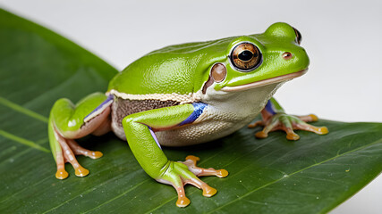 vibrant green tree frog perched on a leaf, isolated on white background