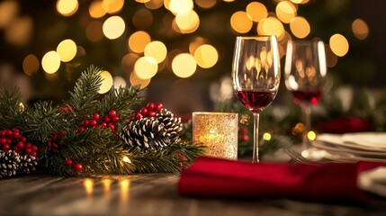 Elegant Christmas table setting with red wine, festive decor, and soft glowing lights, perfect for holiday celebrations.