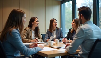 Fototapeta premium Group of colleagues engaging in a discussion during a business meeting in a conference room. Happy business people, men and women, collaborating and working towards their shared goals.