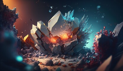 Obraz premium Quirky underwater landscape featuring vibrant coral, sharp crystals, and glowing marine flora at dusk