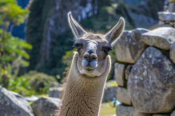 Obraz premium Close-up portrait of a llama with a curious expression